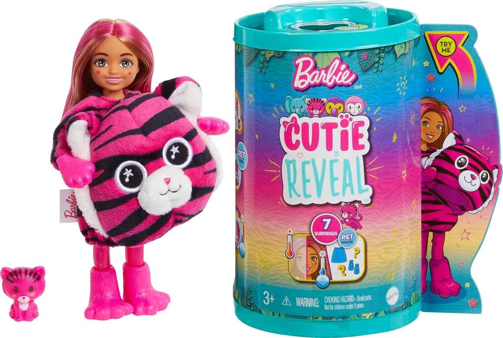 Barbie Cutie Reveal Chelsea Small Doll, Jungle Series Tiger Plush Costume, 7 Surprises Including Mini Pet  Color Change