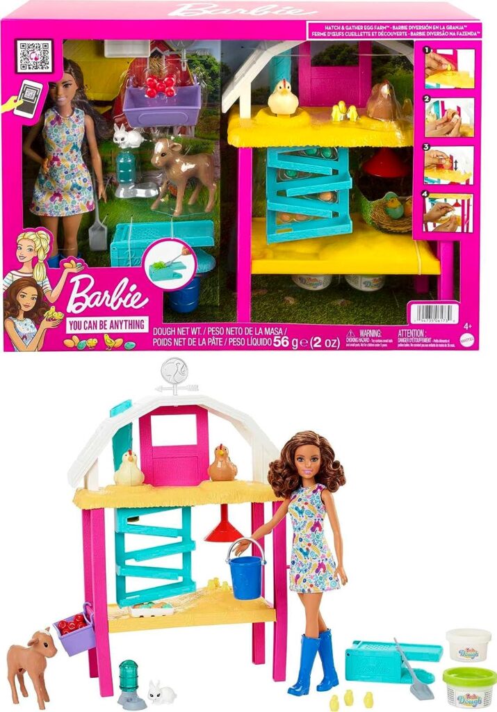 Barbie Doll  Playset, Hatch  Gather Egg Farm with Hatching Molds  Dough, Chicken Coop, 10 Animals  Accessories, Brunette Doll