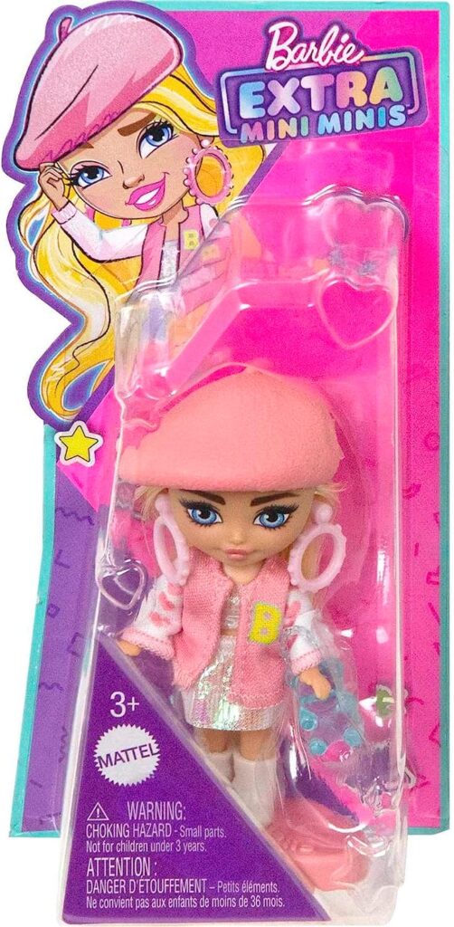 Barbie Extra Mini Minis Doll with Blonde Hair, Beret, Varsity Jacket  Accessories  Stand, 3.25-Inch