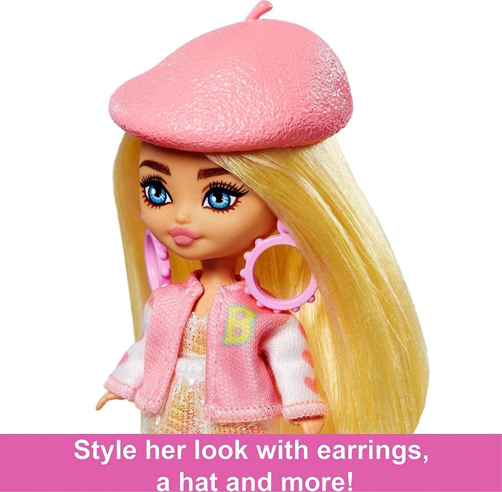 Barbie Extra Mini Minis Doll with Blonde Hair, Beret, Varsity Jacket  Accessories  Stand, 3.25-Inch