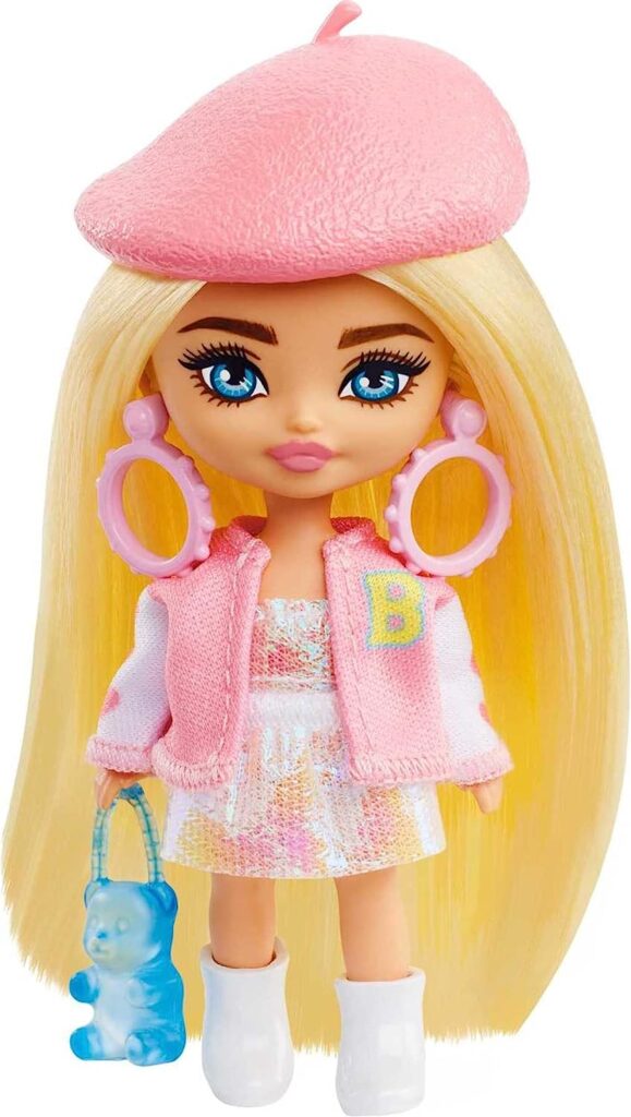 Barbie Extra Mini Minis Doll with Blonde Hair, Beret, Varsity Jacket  Accessories  Stand, 3.25-Inch