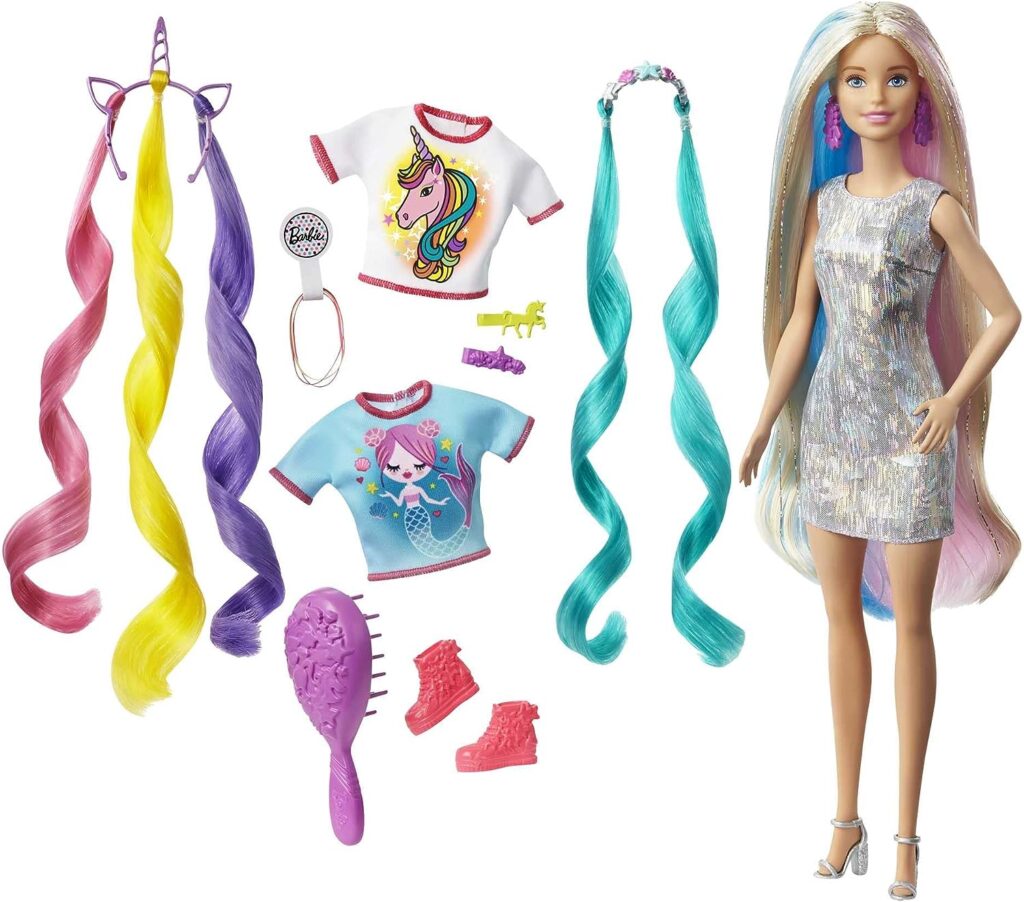 Barbie Fantasy Hair Doll  Accessories, Long Colorful Blonde Hair with Mermaid and Unicorn-Inspired Clothes