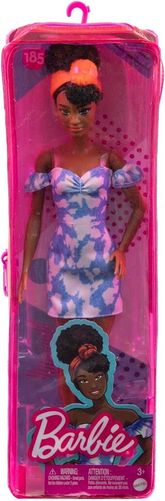 Barbie Fashionistas Doll #185 with Black Up-Do Hair, Bleached Denim Dress, Boots  Headband Accessory