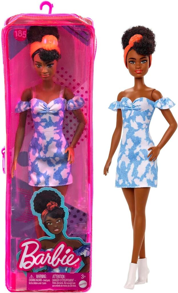 Barbie Fashionistas Doll #185 with Black Up-Do Hair, Bleached Denim Dress, Boots  Headband Accessory