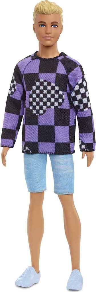 Barbie Fashionistas Ken Fashion Doll #191 with Blonde Cropped Hair in Checkered Sweater, Denim Shorts  White Sneakers