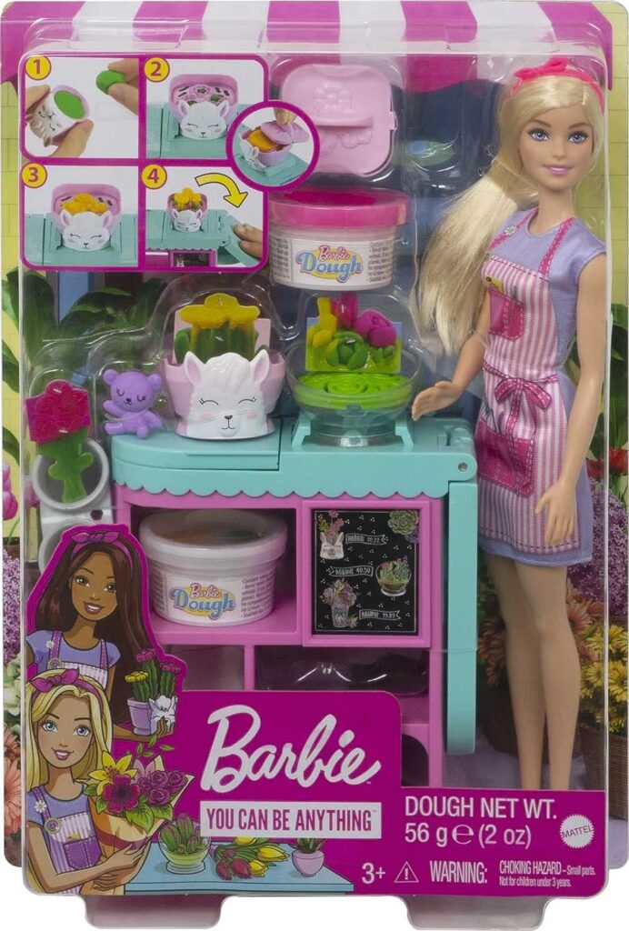 Barbie Florist Doll  Playset, Flower-Making Station with Molds, 3 Dough Colors  Accessories, Blonde Fashion Doll