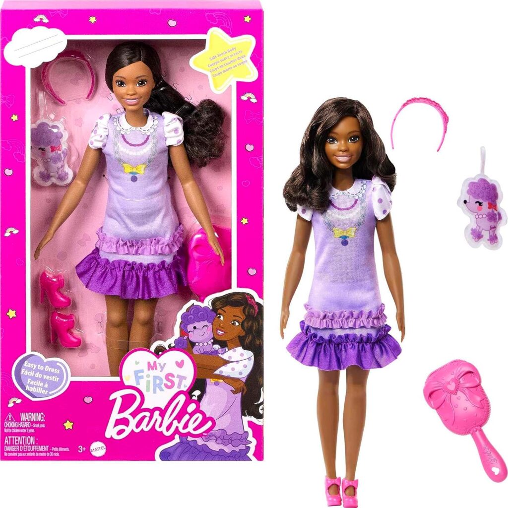 Barbie My First Barbie Preschool Doll, Brooklyn with 13.5-inch Soft Posable Body  Black Hair, Plush Poodle  Accessories, 13.5-inch Scale