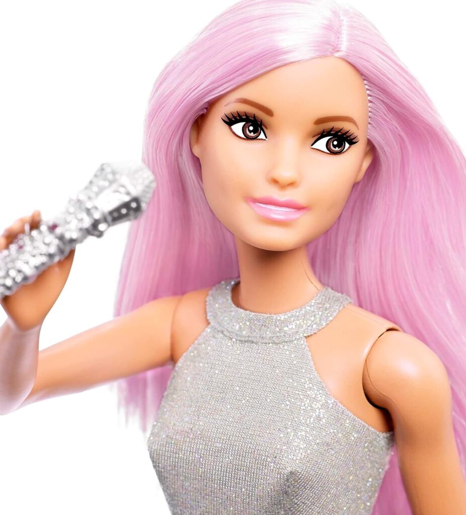 Barbie Pop Star Fashion Doll with Pink Hair  Brown Eyes, Iridescent Skirt  Microphone Accessory