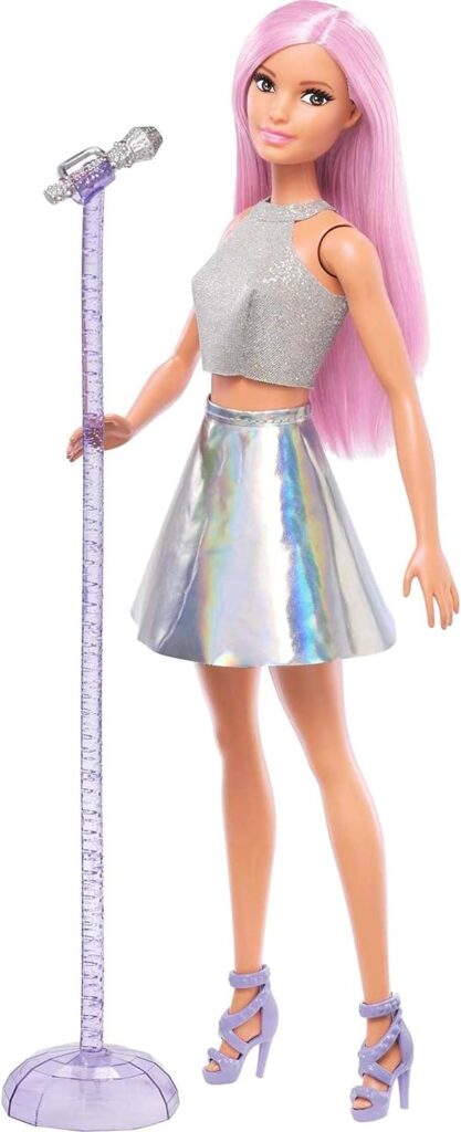 Barbie Pop Star Fashion Doll with Pink Hair  Brown Eyes, Iridescent Skirt  Microphone Accessory