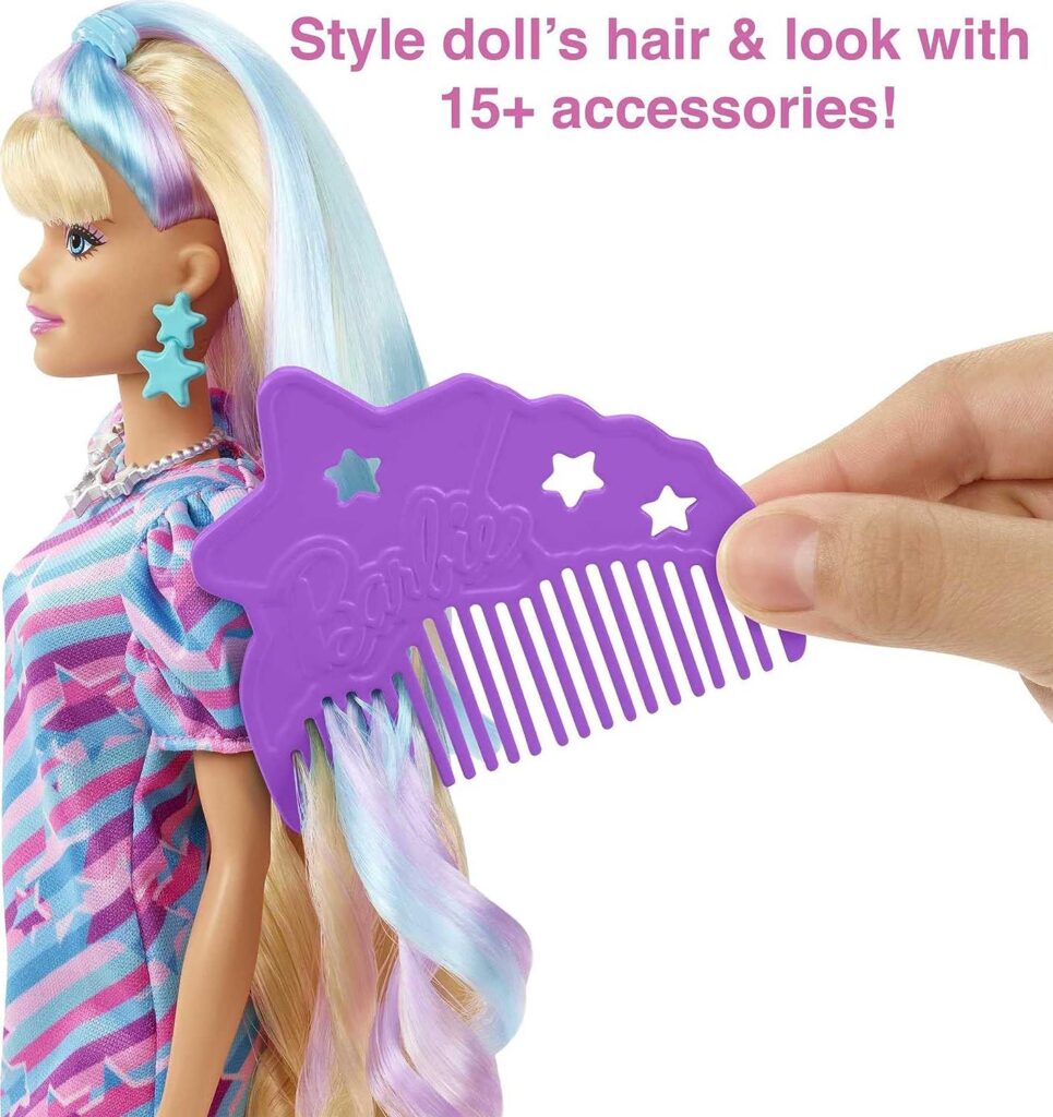 Barbie Totally Hair Doll, Star-Themed with 8.5-Inch Fantasy Hair  15 Styling Accessories (8 with Color-Change Feature)