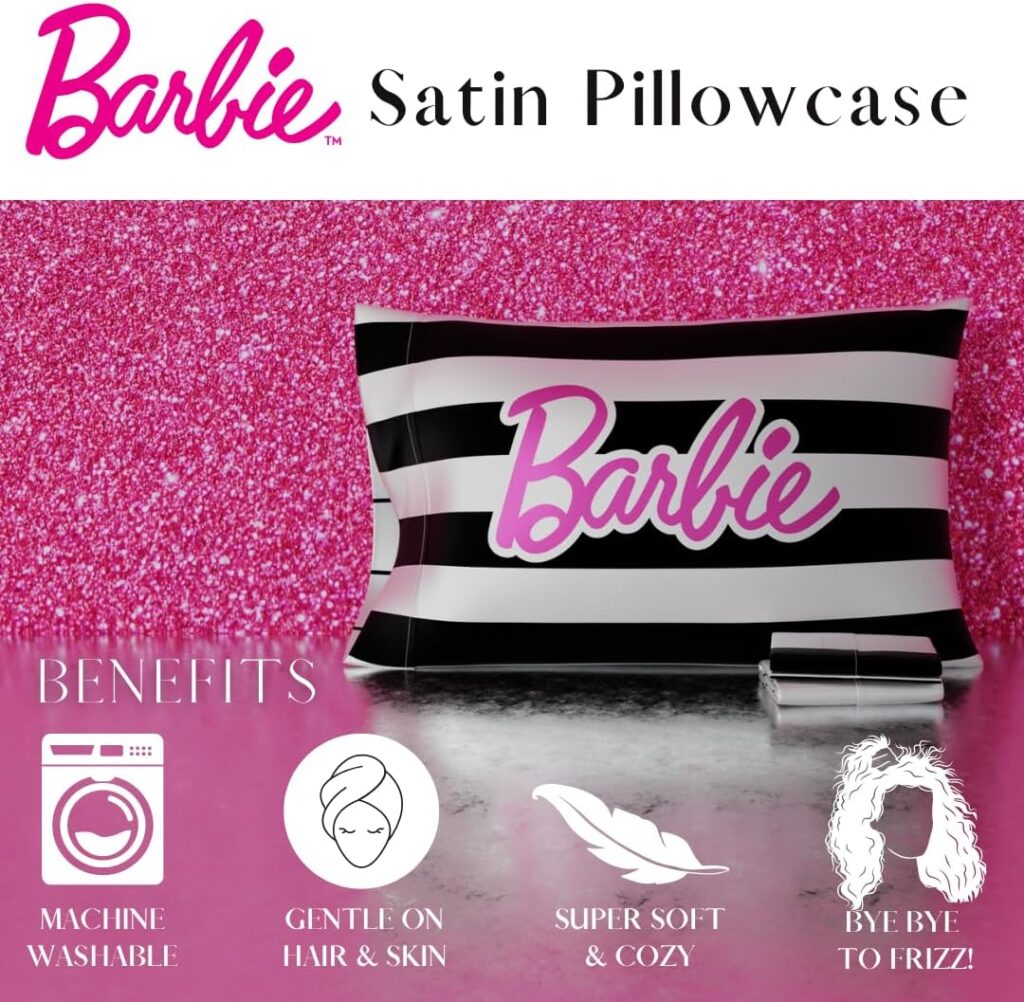 Franco Collectibles Barbie Movie Black  White Stripped Beauty Silky Satin Standard Pillowcase Cover 20x30 for Hair and Skin, (Official Licensed Product)