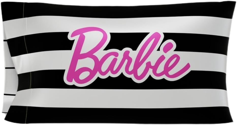 Franco Collectibles Barbie Movie Black  White Stripped Beauty Silky Satin Standard Pillowcase Cover 20x30 for Hair and Skin, (Official Licensed Product)